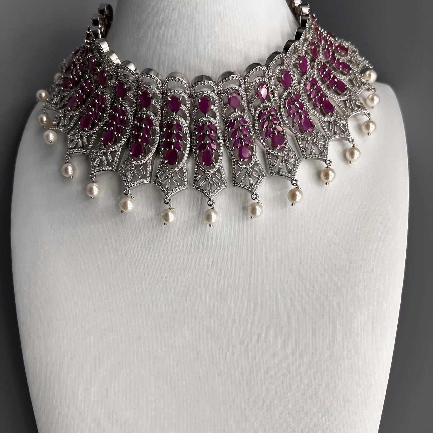 Fashion Premium - Gorgeous Exclusive Festive Looking Ruby Pink AD/CZ Choker Necklace Set