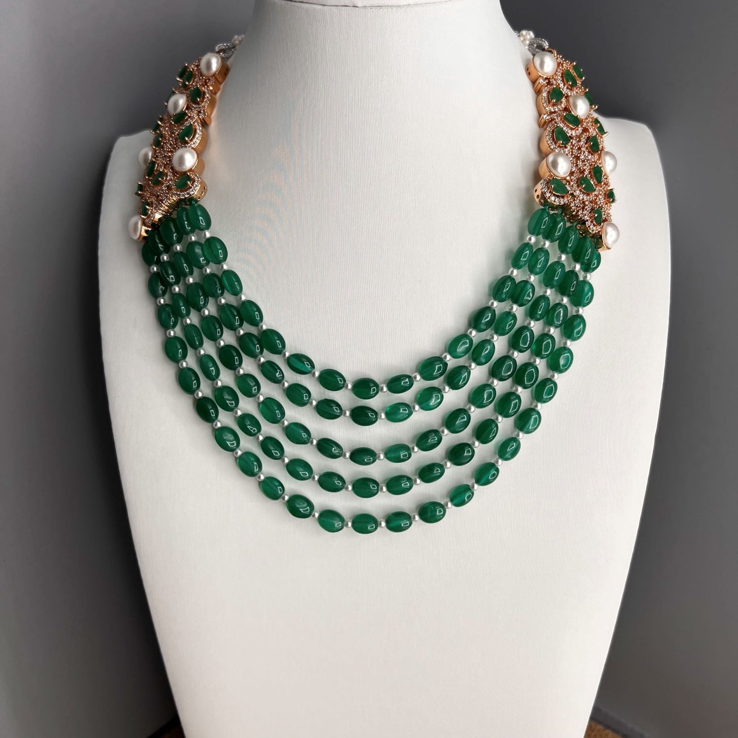 Fashion Premium - Gorgeous Designer Festive Emerald Green AD/CZ Stone, Bead Mix Necklace Set
