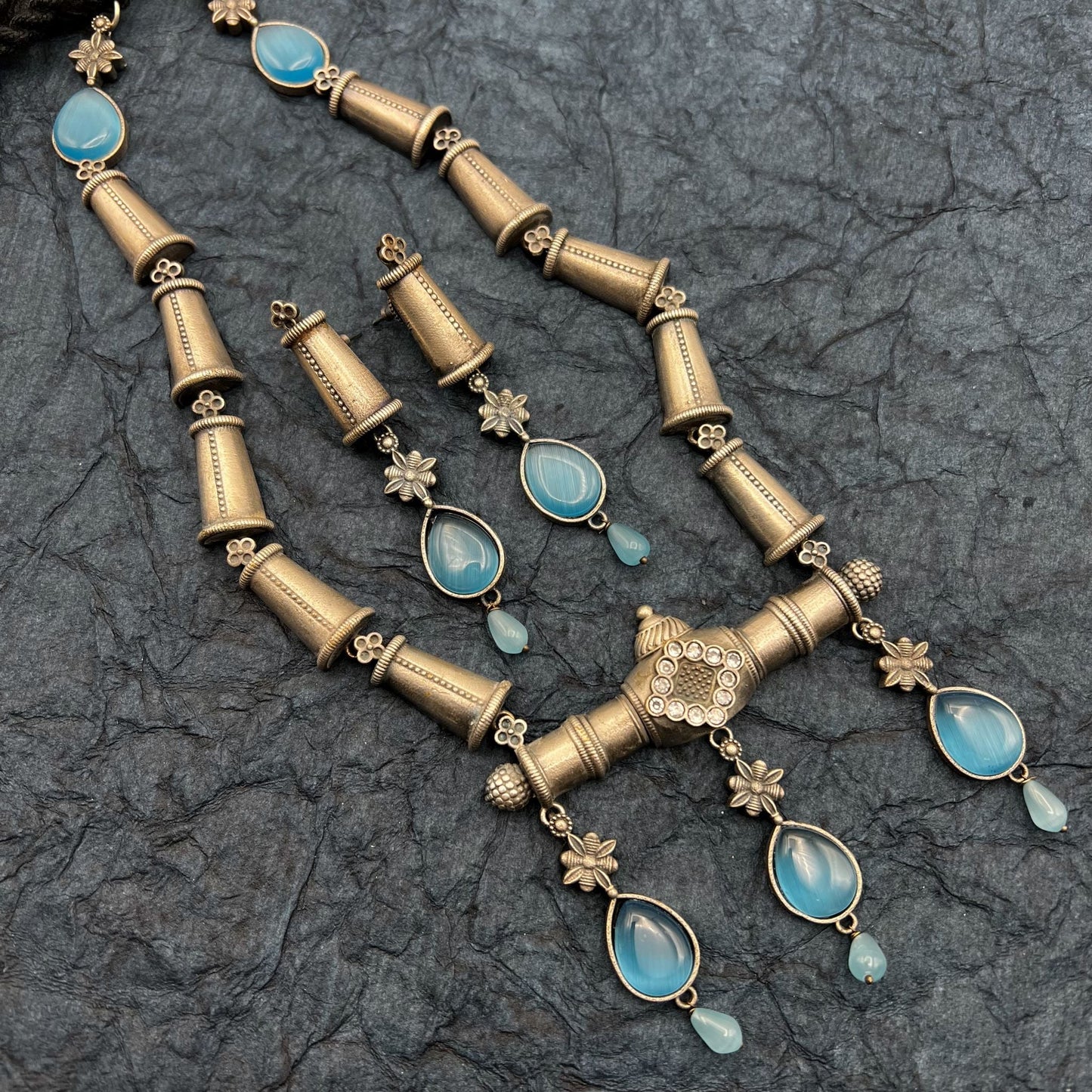 Fashion - Silver Replica Trendy Designer Aqua Blue Oxidized Long Necklace Set