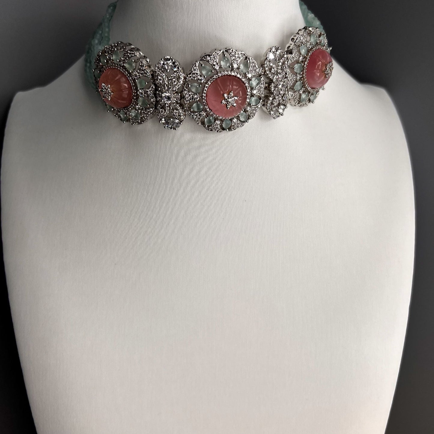 Fashion Premium - One-of-a-kind Designer Mint Green & Carved Pink AD/CZ Stone & Inlay Work, Bead Mix Choker Necklace Set
