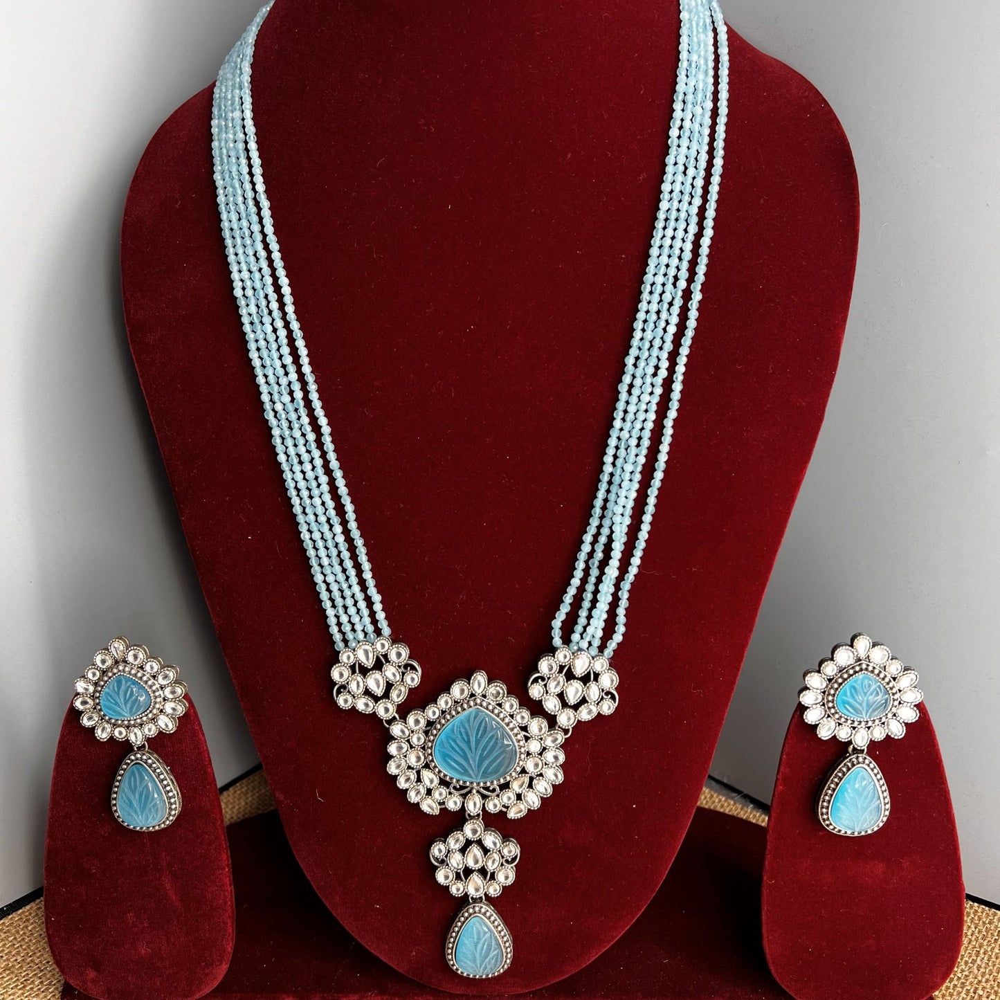 Fashion - Statement Victorian Inspired Aqua Blue Oxidized, Bead Mix Long Necklace Set