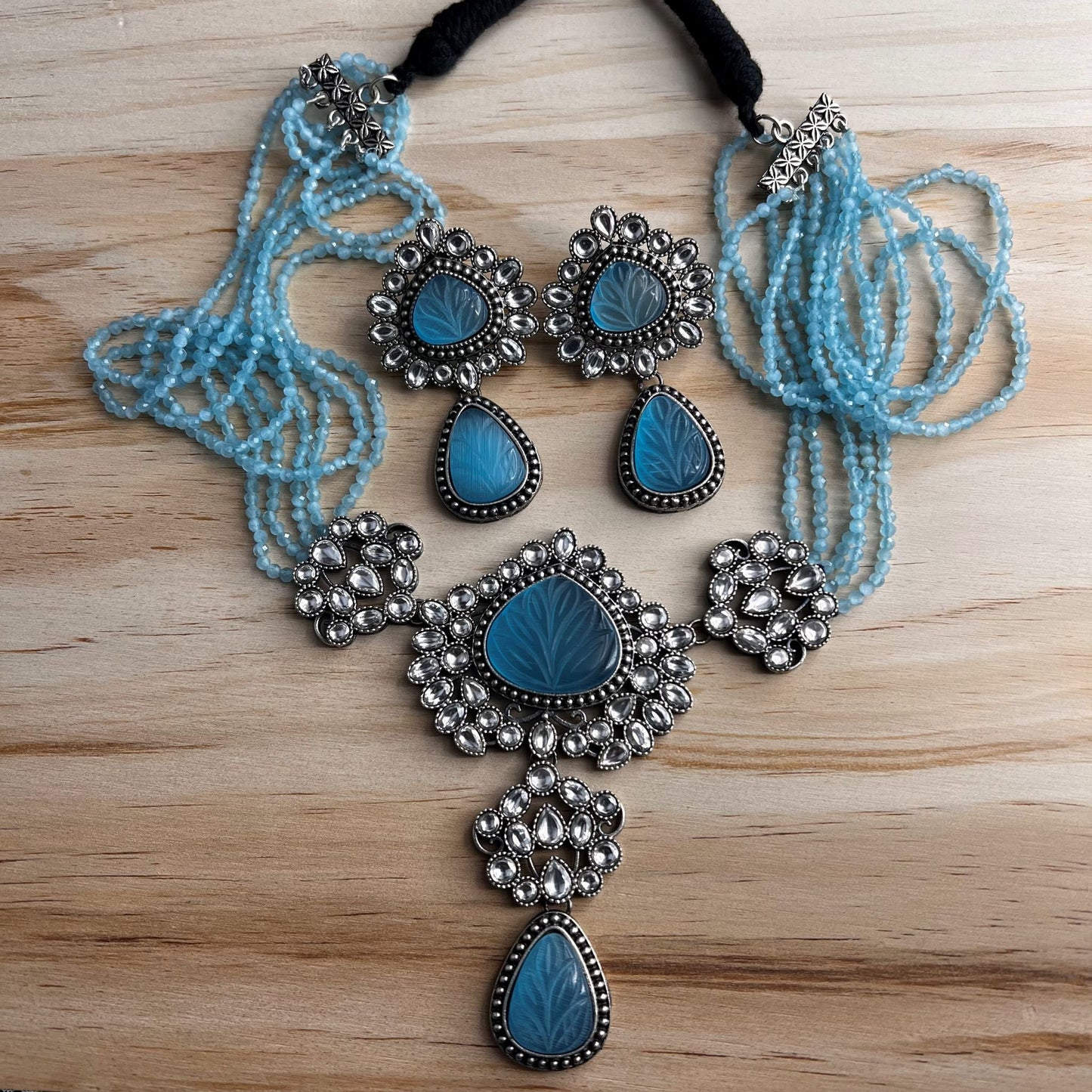 Fashion - Statement Victorian Inspired Aqua Blue Oxidized, Bead Mix Long Necklace Set