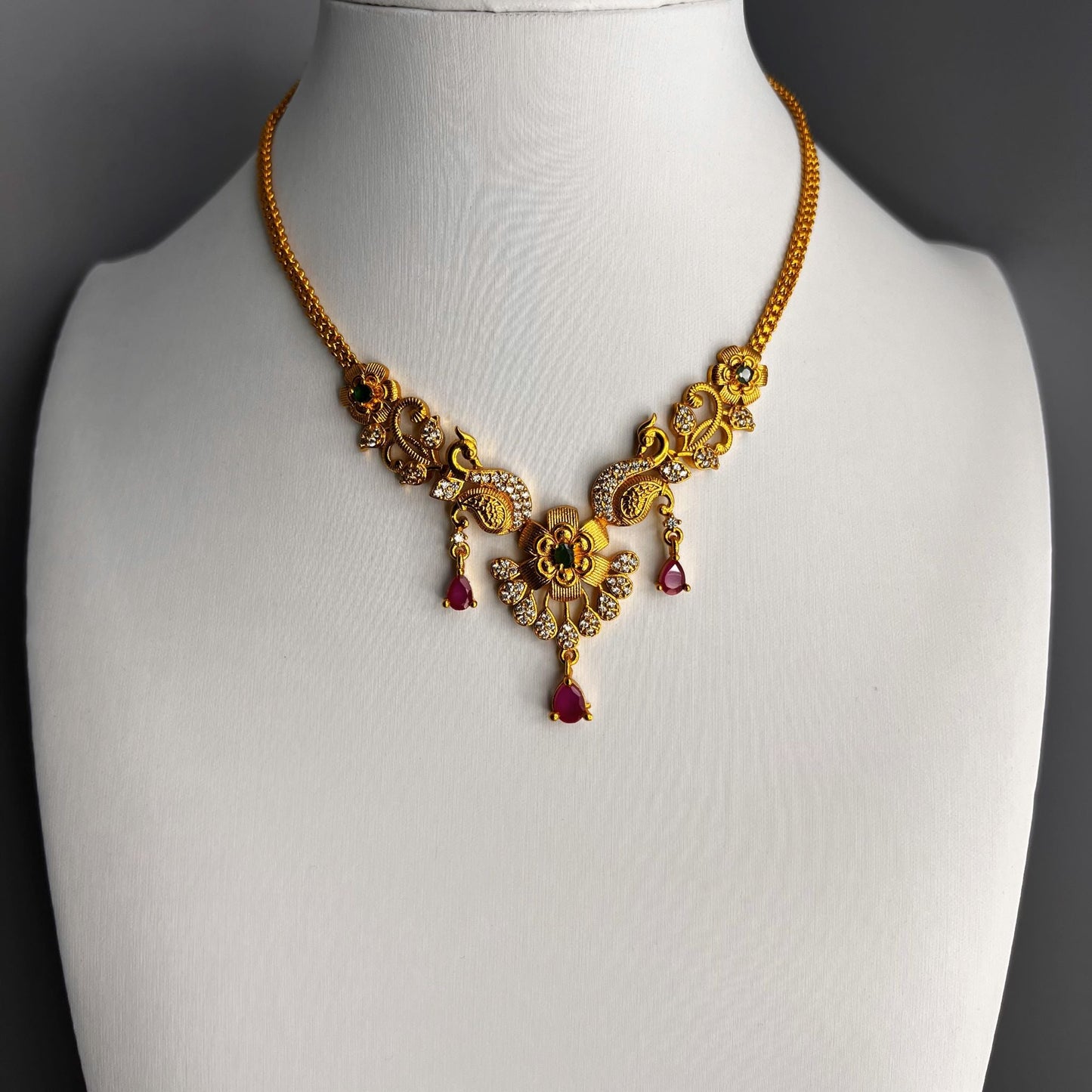 Fashion Premium - Dainty Peacock Design Ruby Pink Antique Traditional Necklace Set