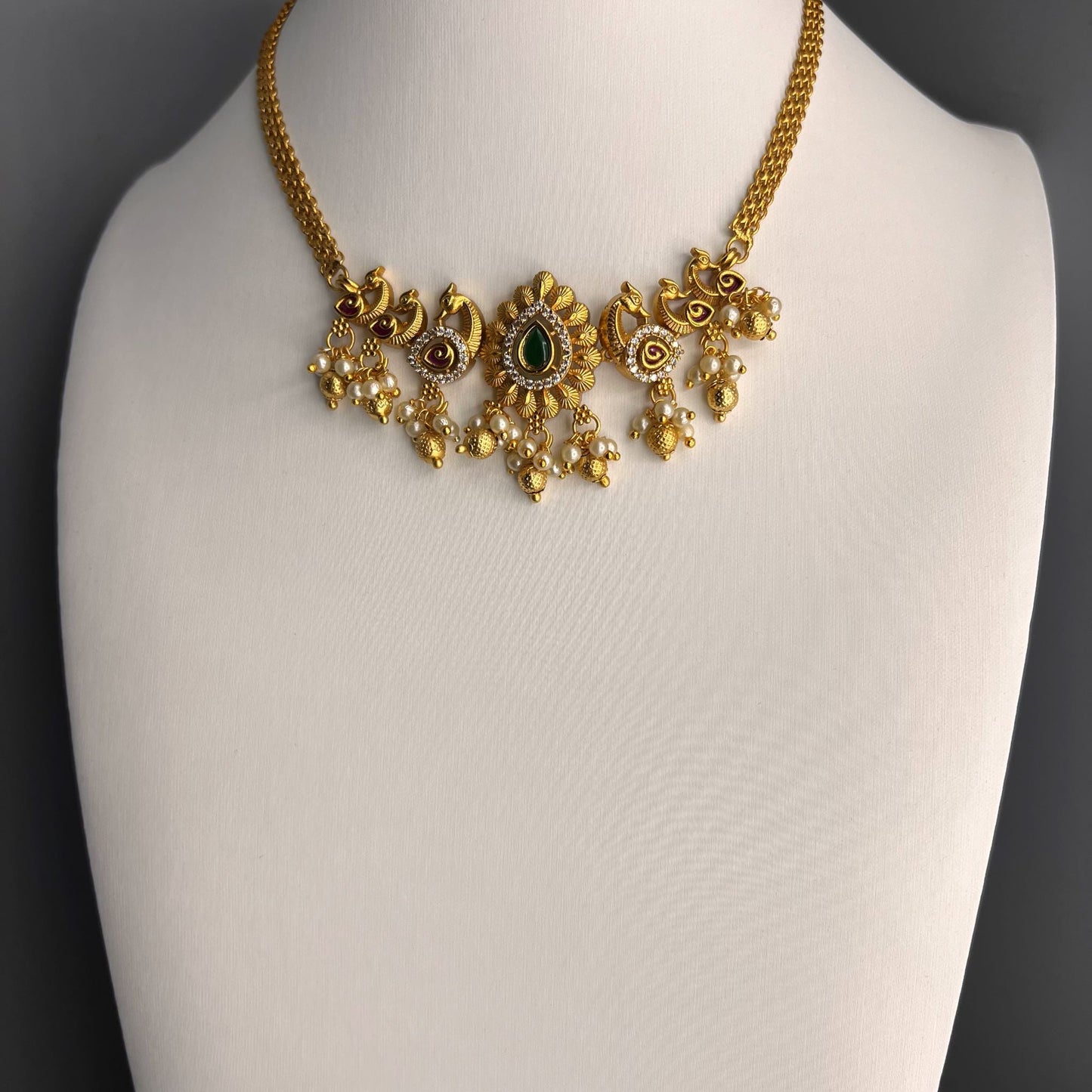 Fashion Premium - Gold Replica Peacock Design Green Antique Traditional Choker Necklace Set