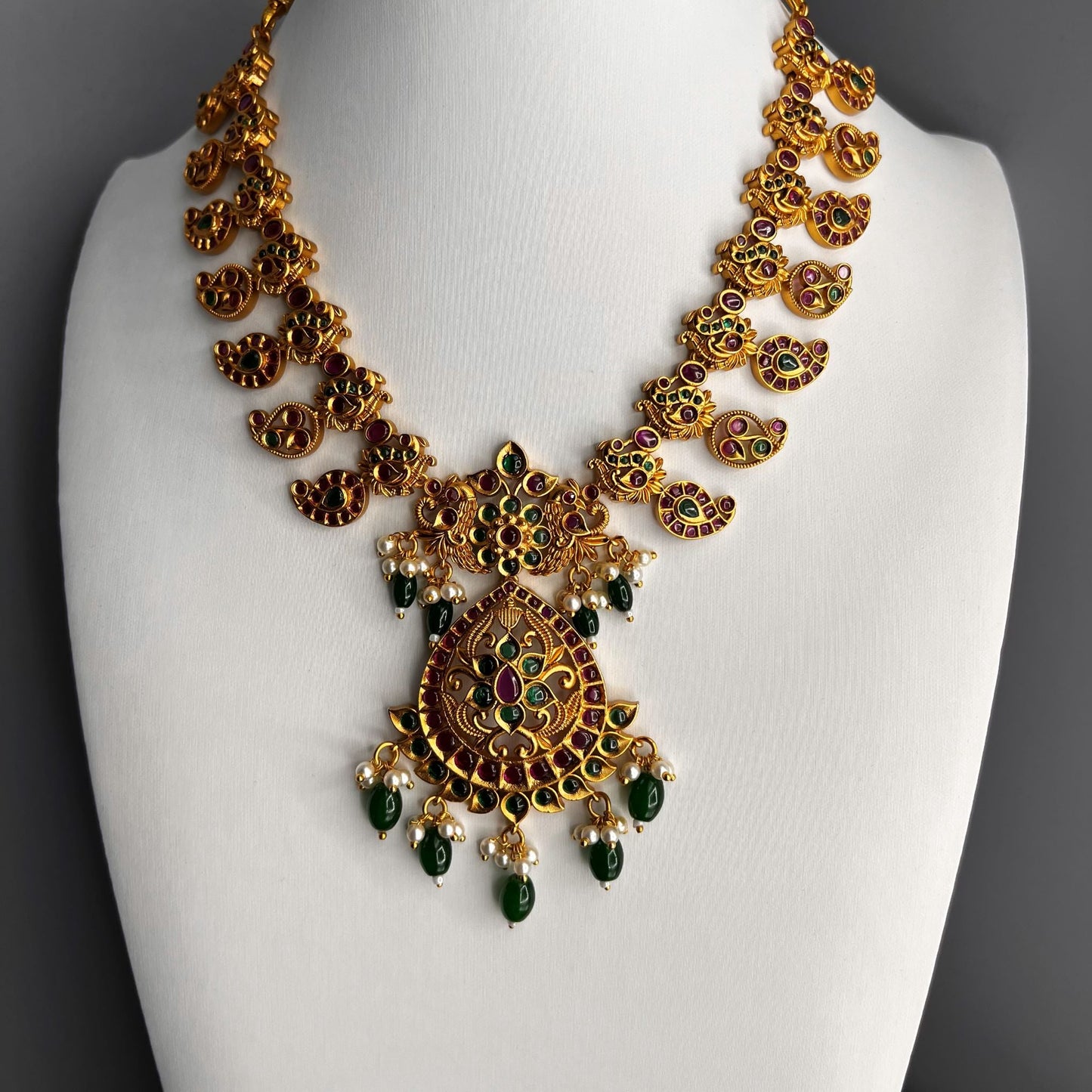 Fashion Premium - Beautiful Festive Style Ruby Pink, Green Color Antique Traditional Necklace Set With Gold Tone Plating