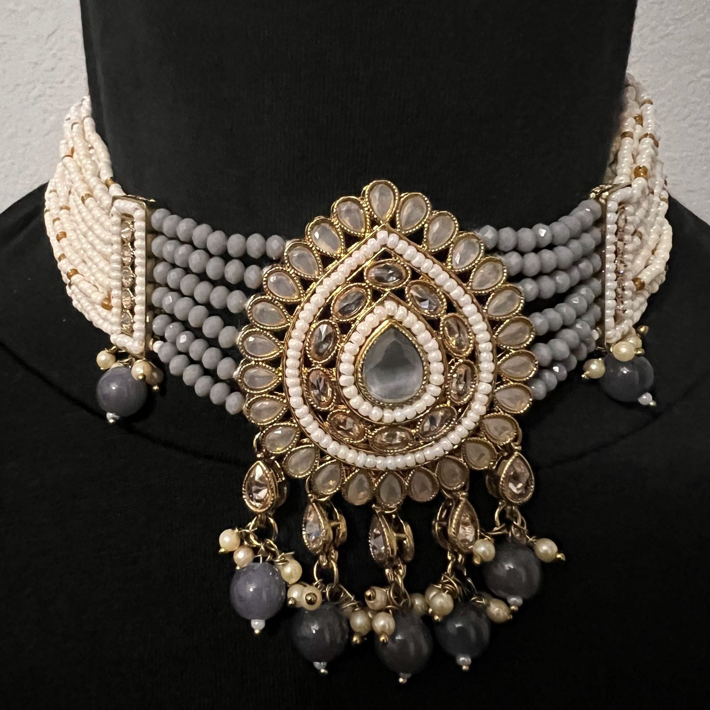 Fashion - Classic Grey Beads & Grey Stone Choker Necklace Set