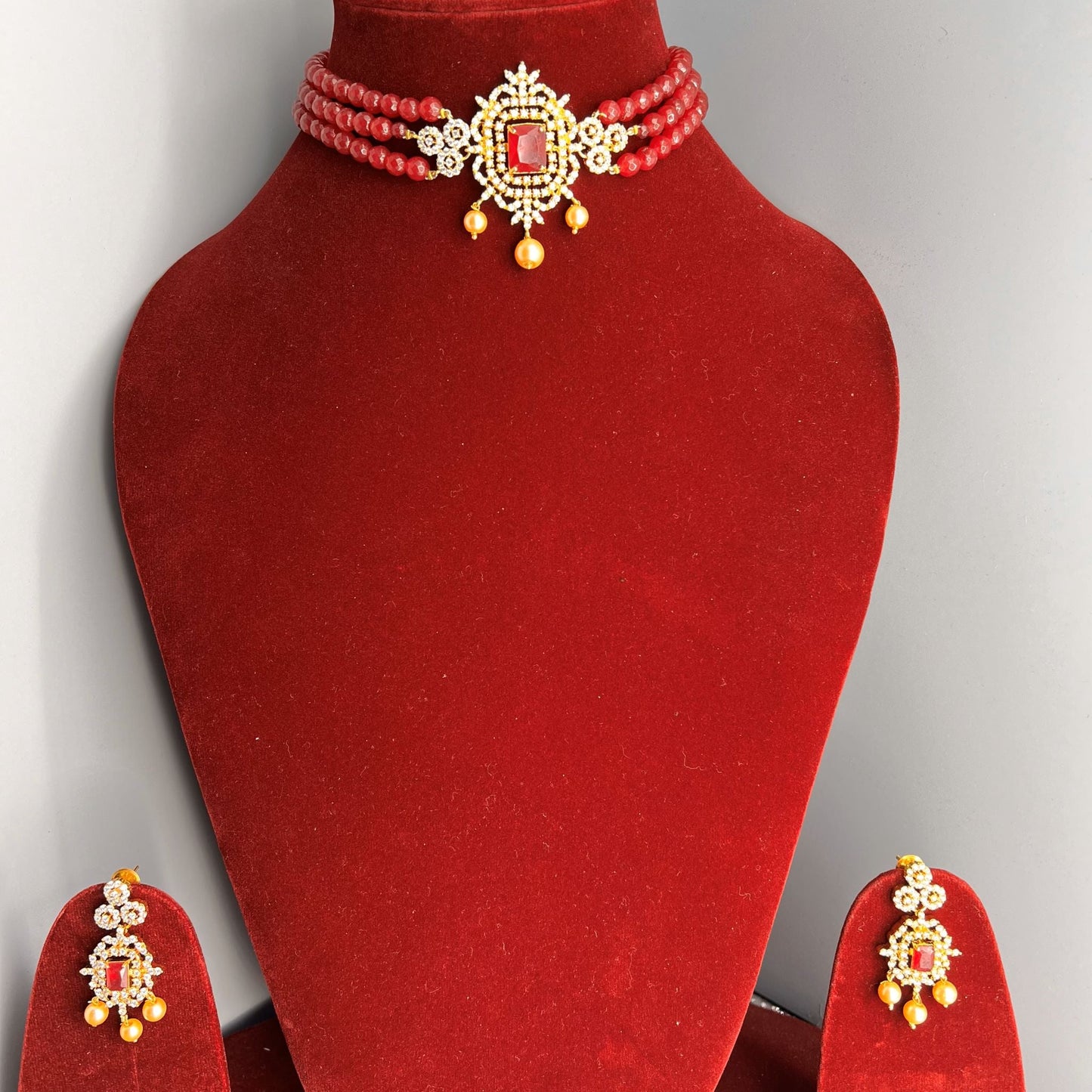 Fashion - 3 Strand Red Onyx Antique Traditional, Bead Mix Choker Necklace Set