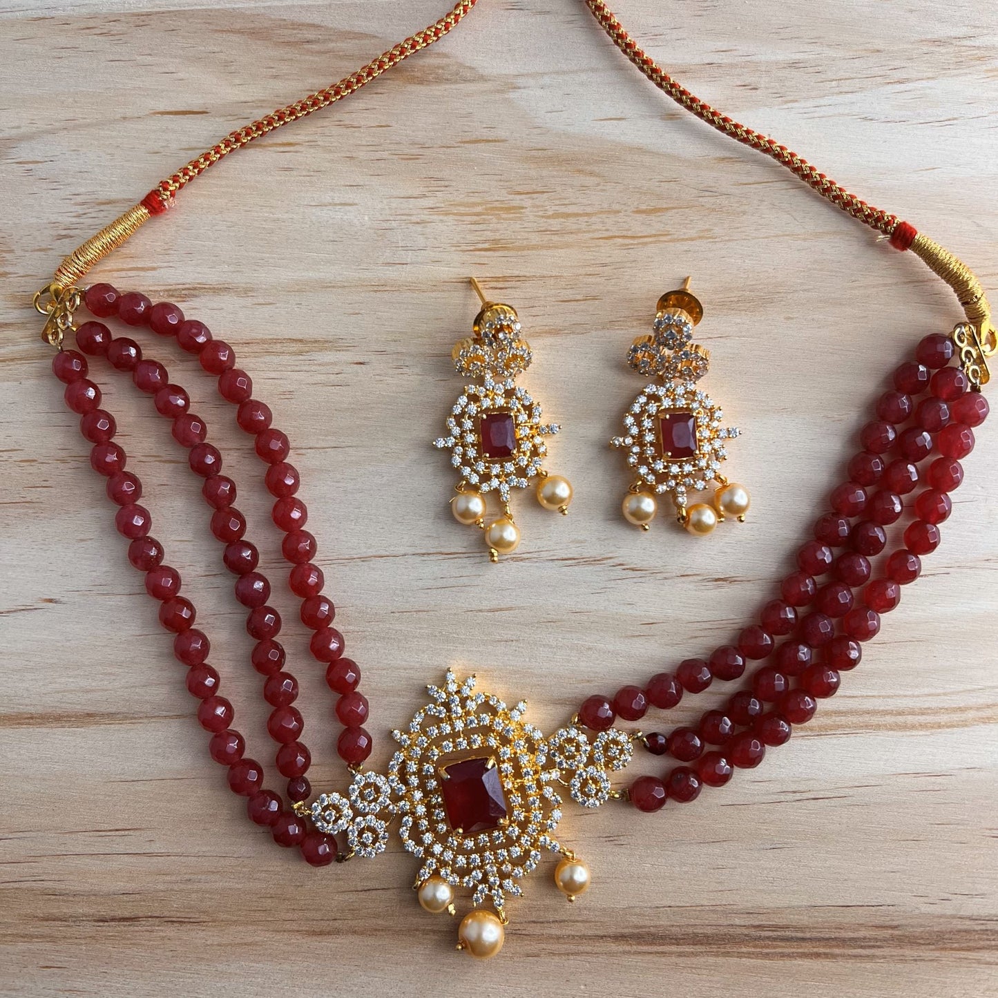 Fashion - 3 Strand Red Onyx Antique Traditional, Bead Mix Choker Necklace Set