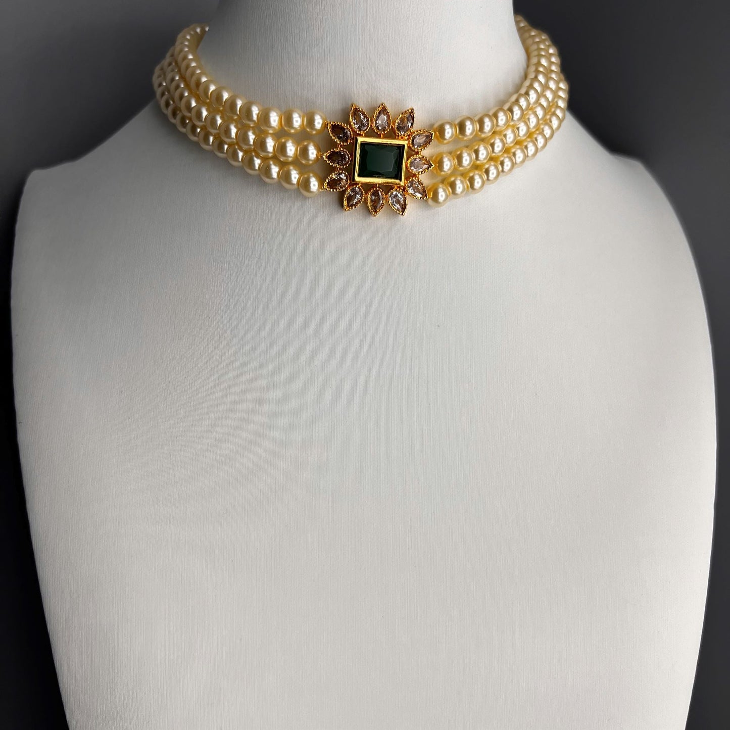 Fashion - Minimalist Style Green & Pear AD/CZ Stone, Bead Mix Necklace Set