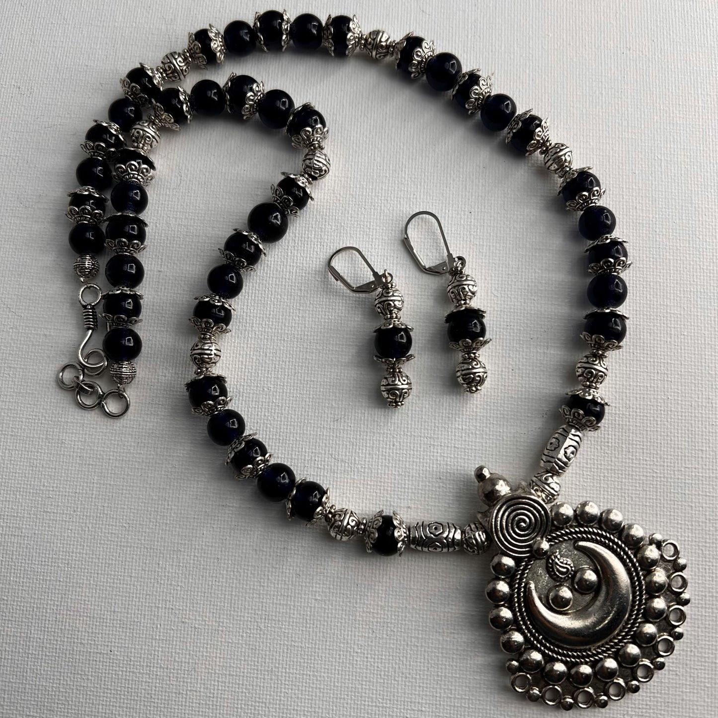 Fashion - Silver Replica Dark Blue Oxidized, Bead Mix Long Necklace Set