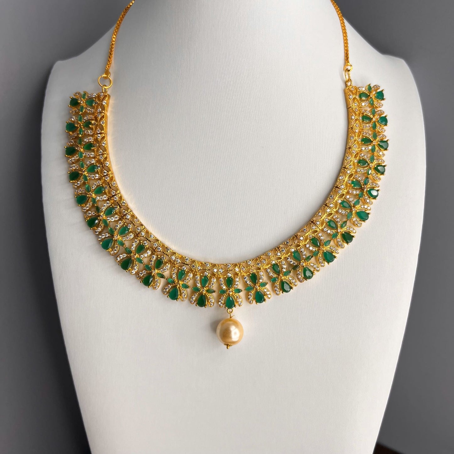 Fashion Premium - Gorgeous Designer Emerald Green AD/CZ Stone Necklace Set