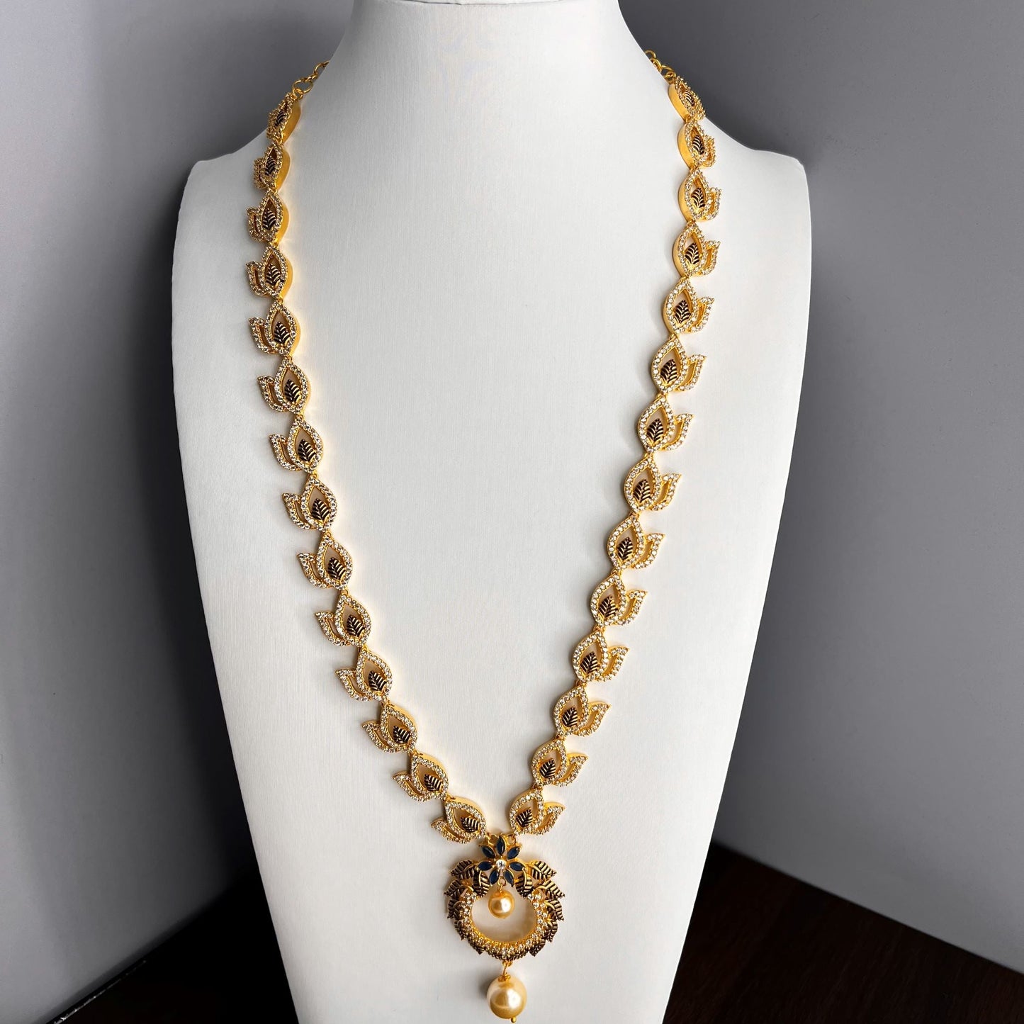 Fashion Premium - Exclusive Designer Dark Blue Lotus Motifs AD/CZ Stone Long Necklace Set