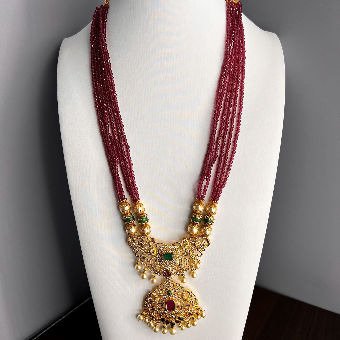 Fashion Premium - Beautiful Design Ruby Pink & Green Antique Traditional, Bead Mix Long Necklace Set