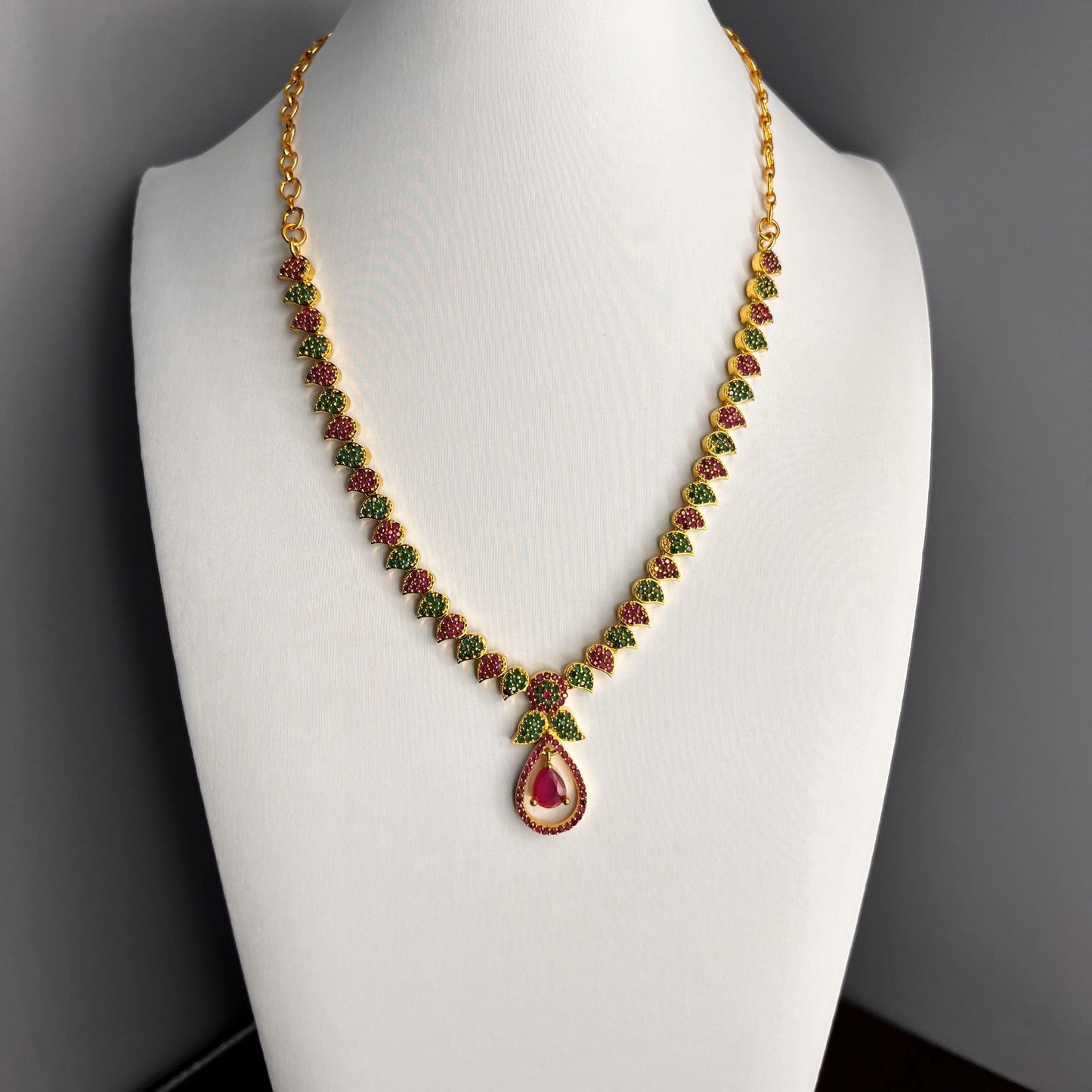 Fashion Premium - Dainty Mango Shape Motifs Green & Ruby Pink AD/CZ Stone Necklace Set