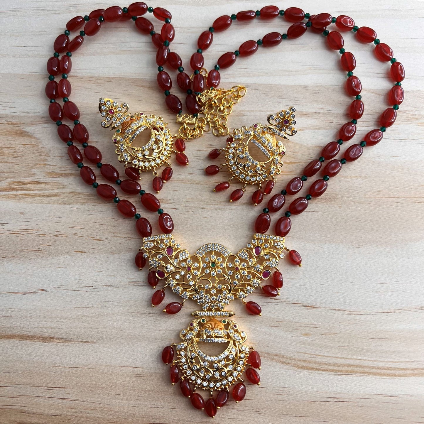 Fashion Premium - Elegant Dual Strand of Red Beads Antique Traditional, Bead Mix Long Necklace Set