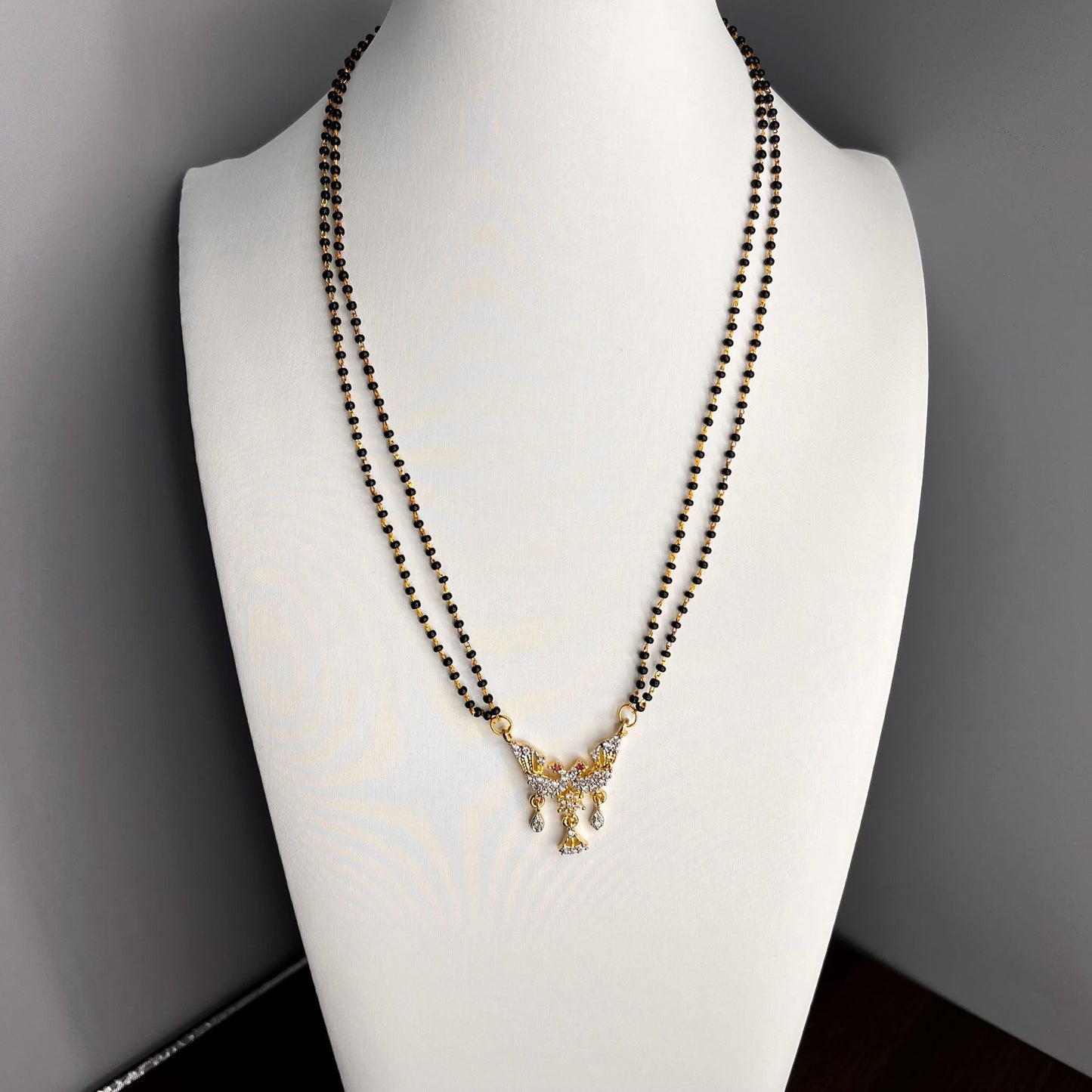 Fashion - Peacock Design Ruby Pink, White Antique Traditional Mangalsutra Necklace Only