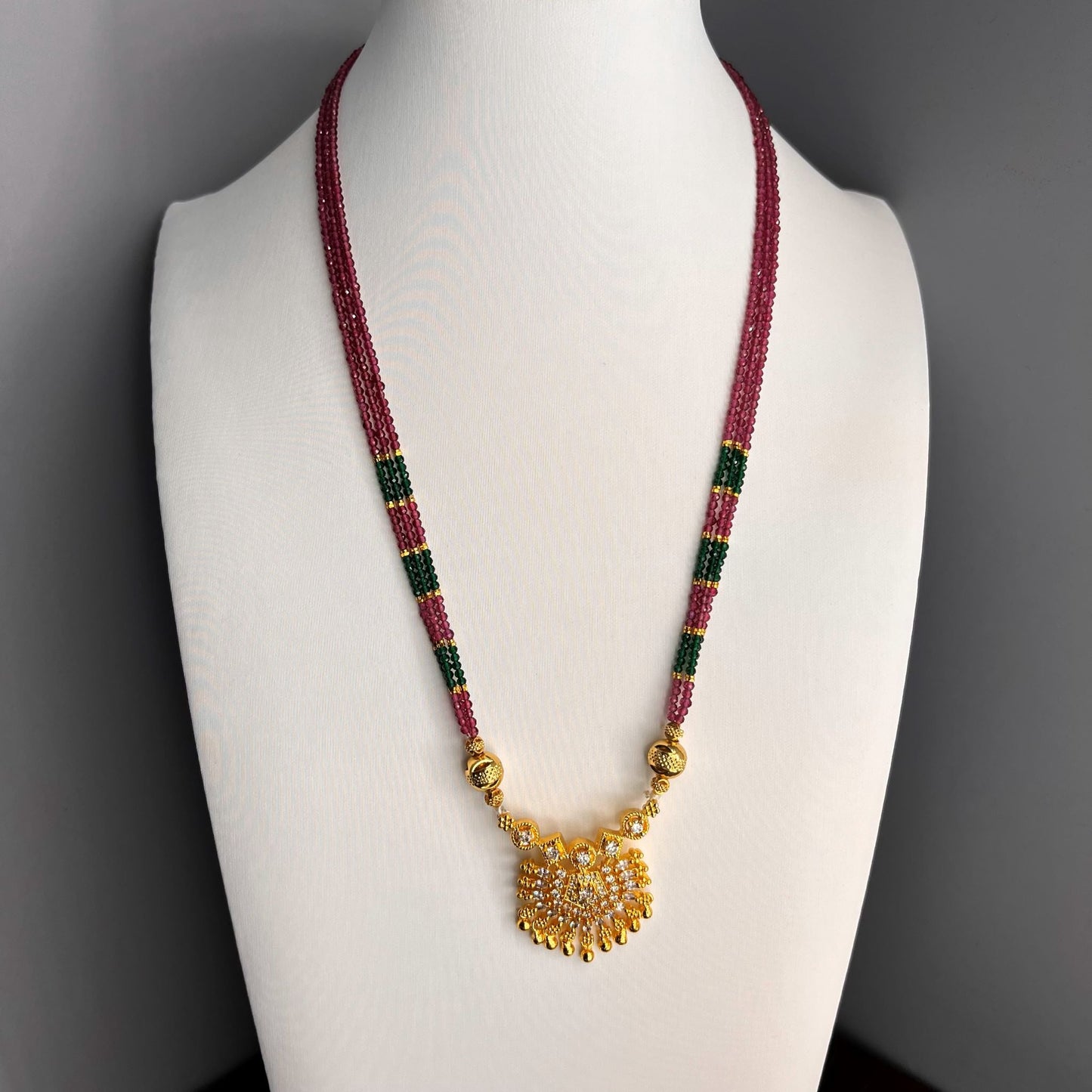 Fashion - Dainty Ruby Pink, Green Antique Traditional, Bead Mix Pendant Set