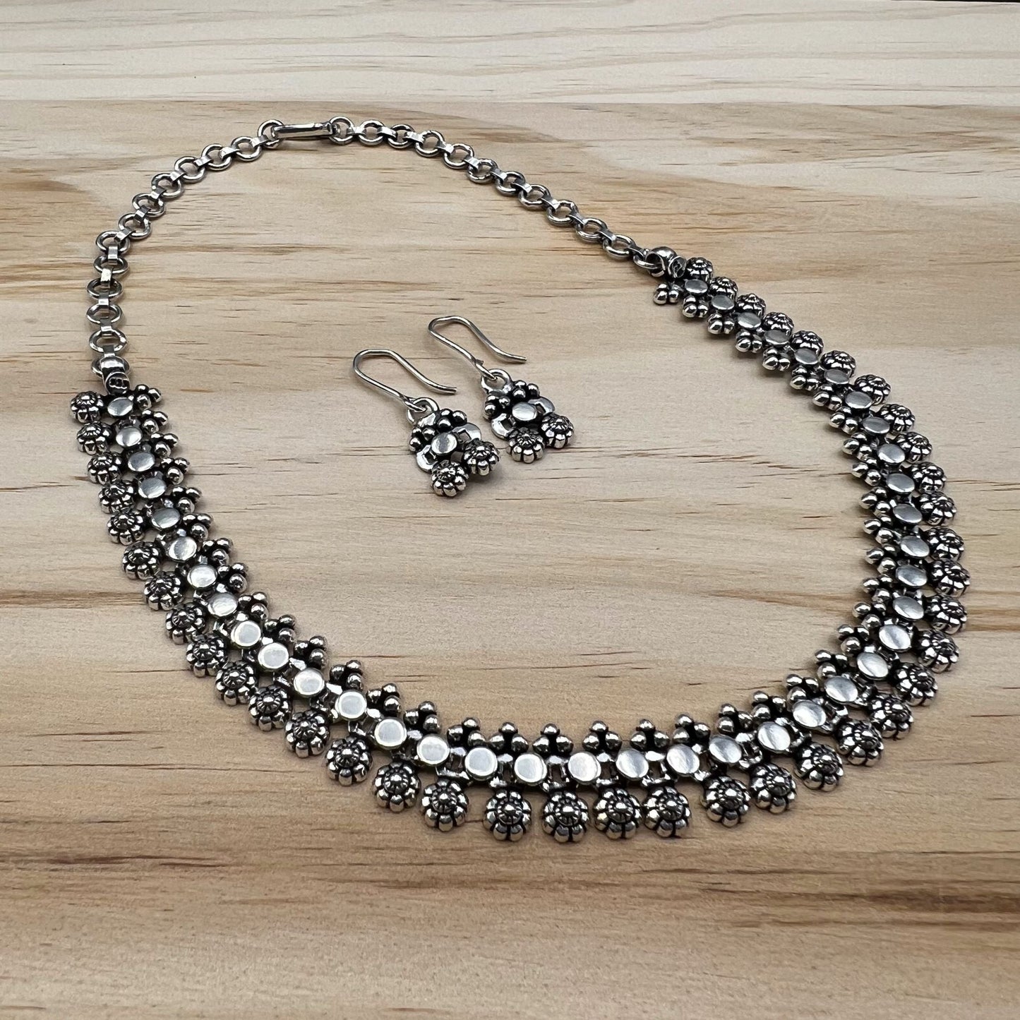 925 SS Plain Oxidised Classic Silver Color Plain Necklace Set