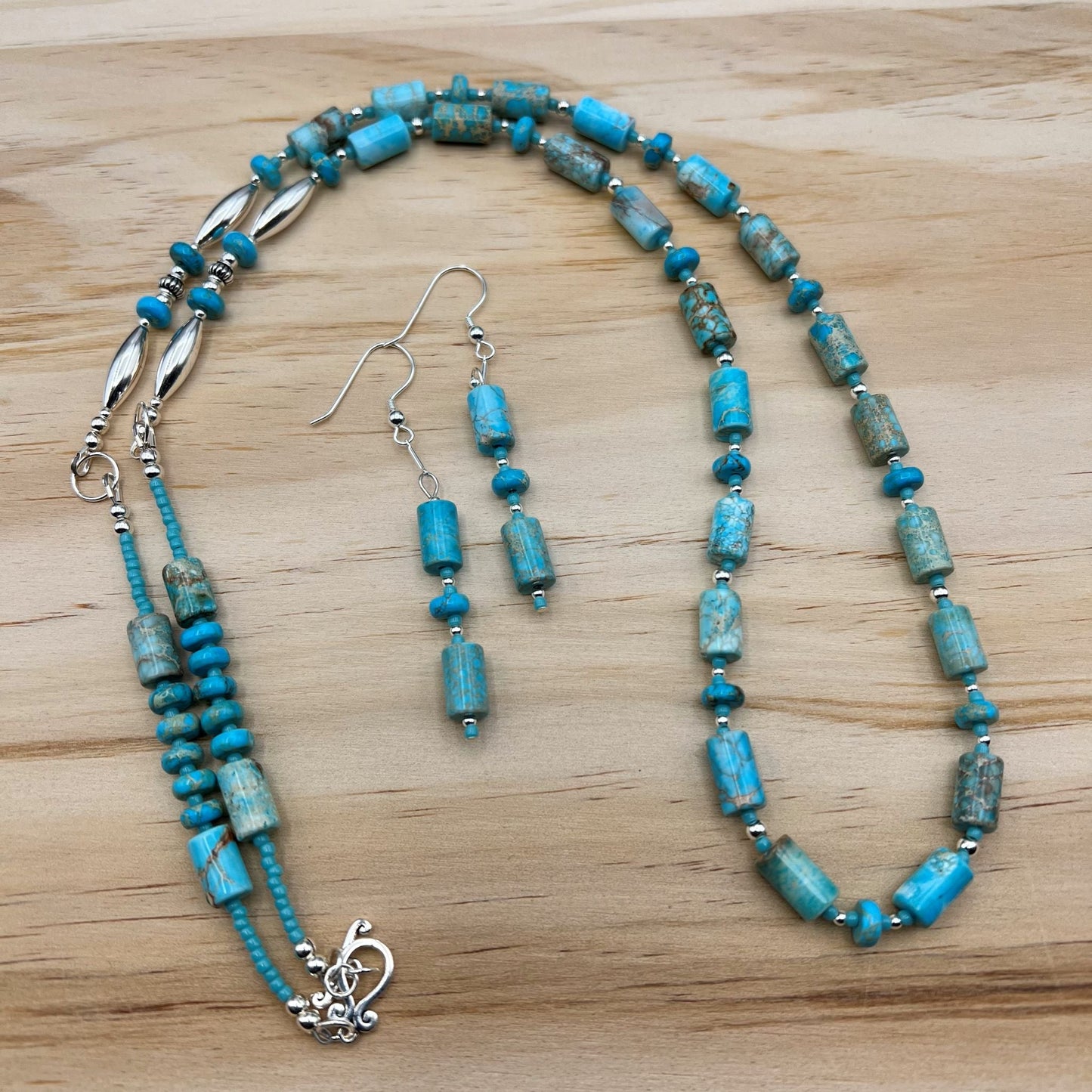 925 Silver Designer Trendy Handcrafted Blue African Impression Jasper Single Strand Long Bead Necklace Set