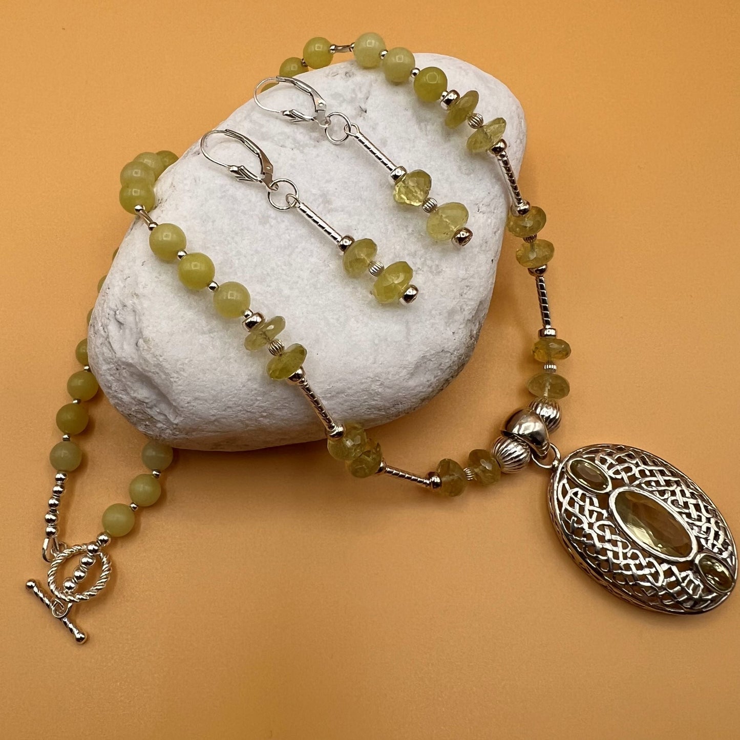 925 Silver Designer Festive Handcrafted Yellow Topaz & Lemon Jade Single Strand Bead Necklace Set