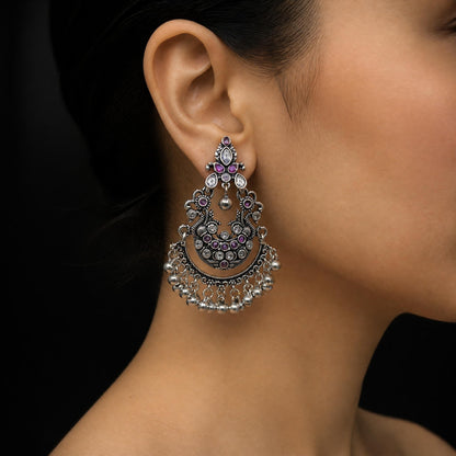 Fashion - Peacock Design Festive Ruby Pink, White Color Oxidized/Silver Tone Chandelier Earrings