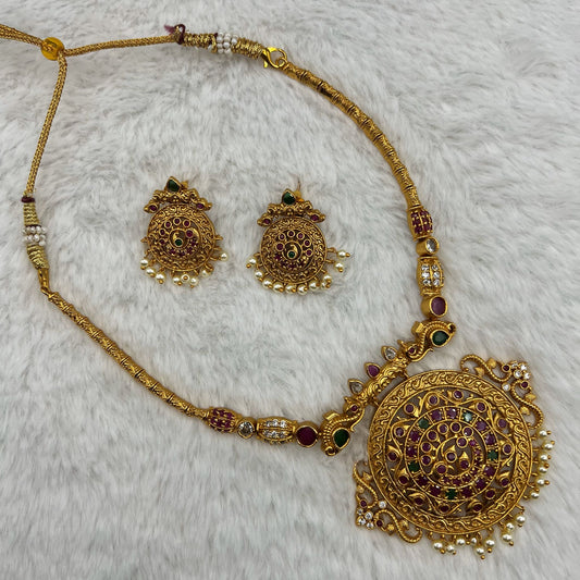 Fashion - Pretty Looking Classic Style Ruby Pink, Green Color Antique Traditional Necklace Set With Gold Tone Plating