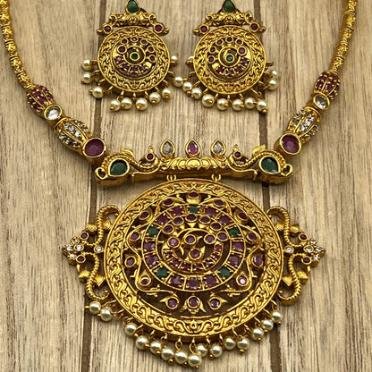 Fashion - Pretty Cuff/Hasli Style Ruby Pink & Green Antique Traditional Necklace Set