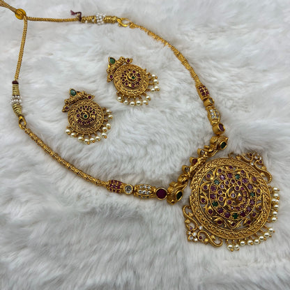 Fashion - Pretty Cuff/Hasli Style Ruby Pink & Green Antique Traditional Necklace Set