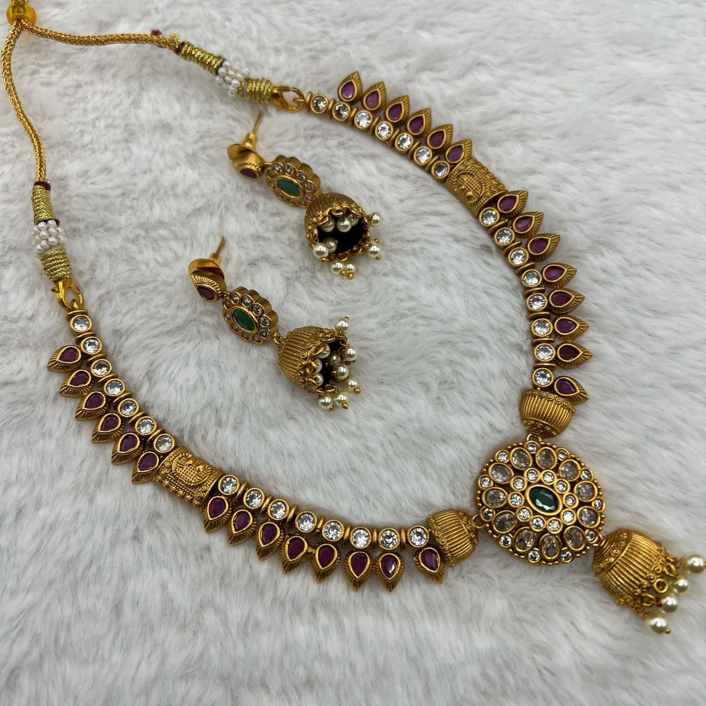 Fashion - Ethnic Design Classic Style Ruby Pink, White Color Antique Traditional Necklace Set With Gold Tone Plating