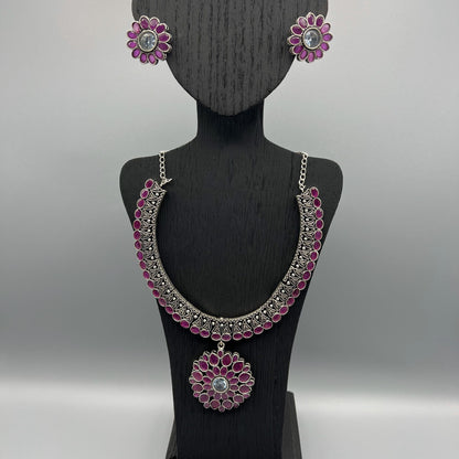 Fashion - Classic Ruby Pink Oxidized Necklace Set