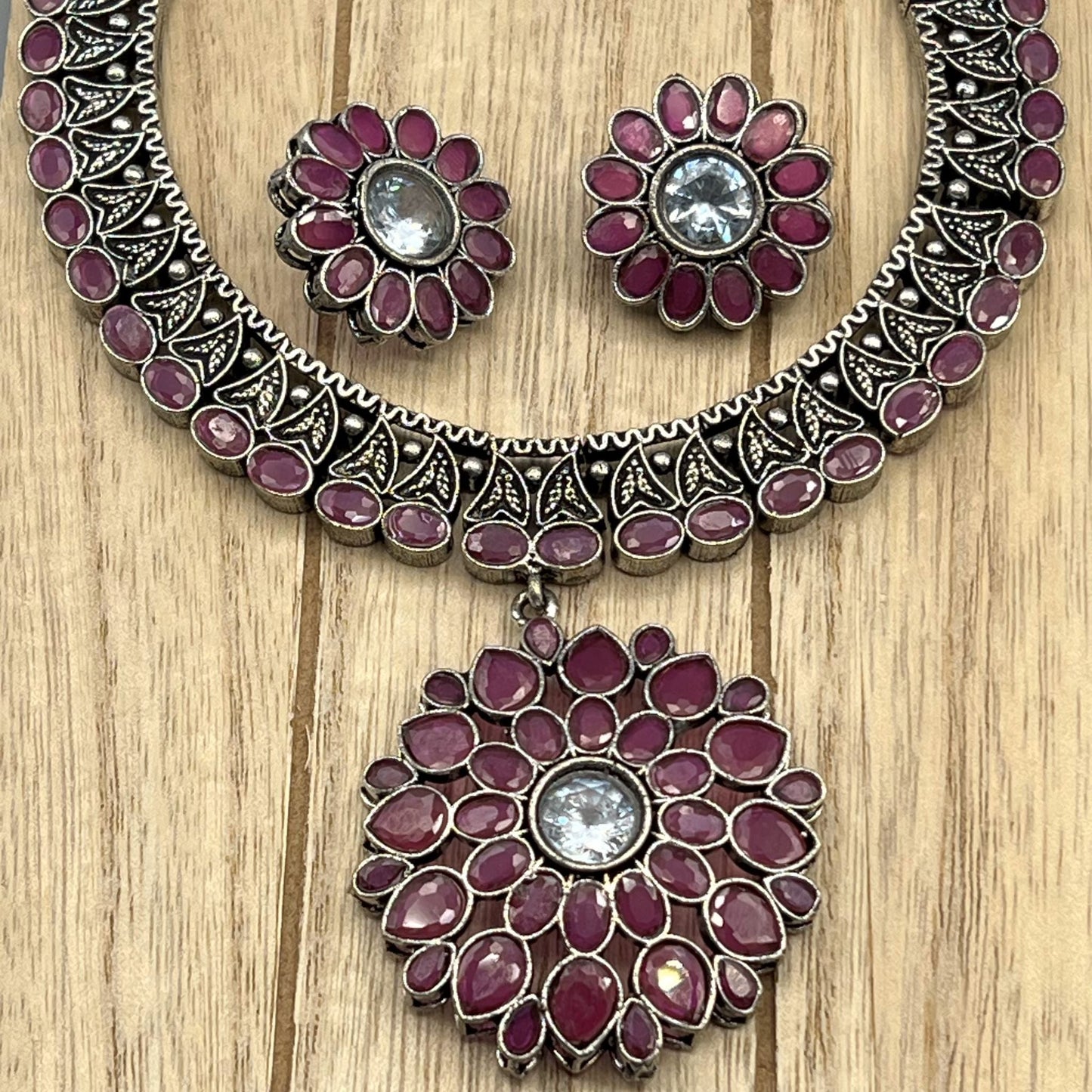 Fashion - Classic Ruby Pink Oxidized Necklace Set