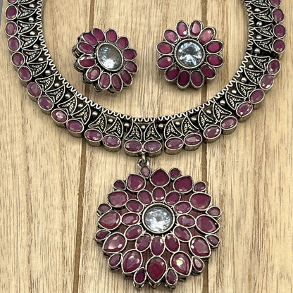 Fashion - Classic Ruby Pink Oxidized Necklace Set