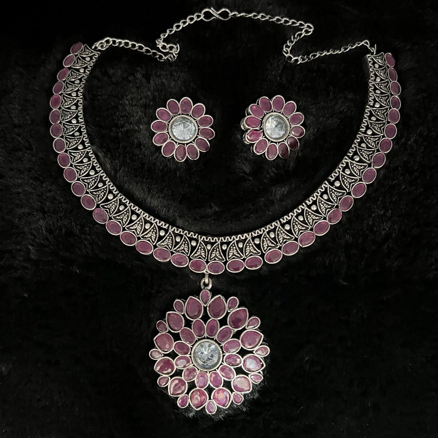 Fashion - Classic Ruby Pink Oxidized Necklace Set