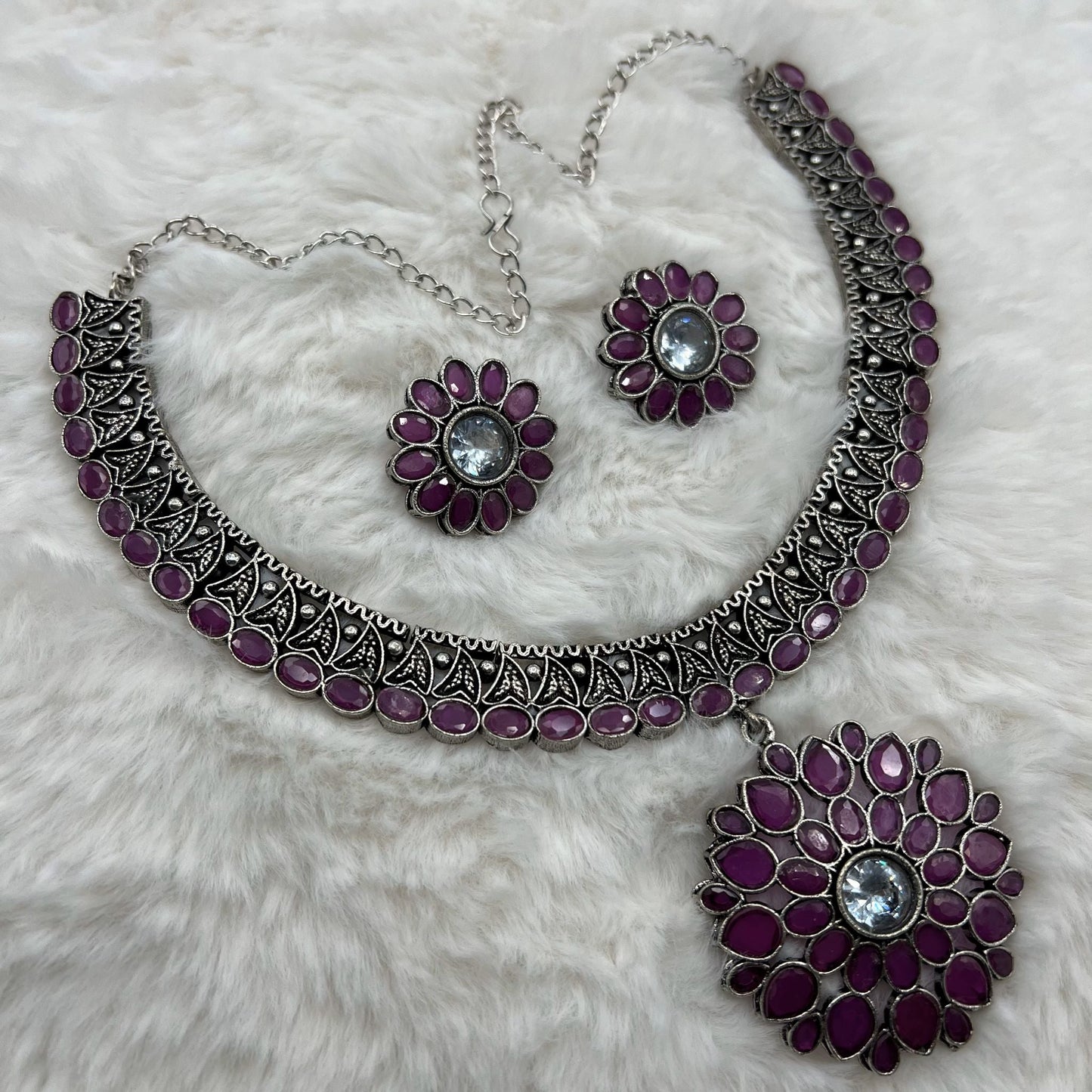 Fashion - Classic Ruby Pink Oxidized Necklace Set