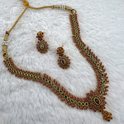 Fashion - Ethnic Design Classic Style Ruby Pink, Green Color Antique Traditional Necklace Set With Gold Tone Plating