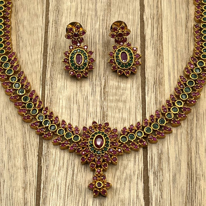 Fashion - Ethnic Design Classic Ruby Pink & Green Antique Traditional Necklace Set