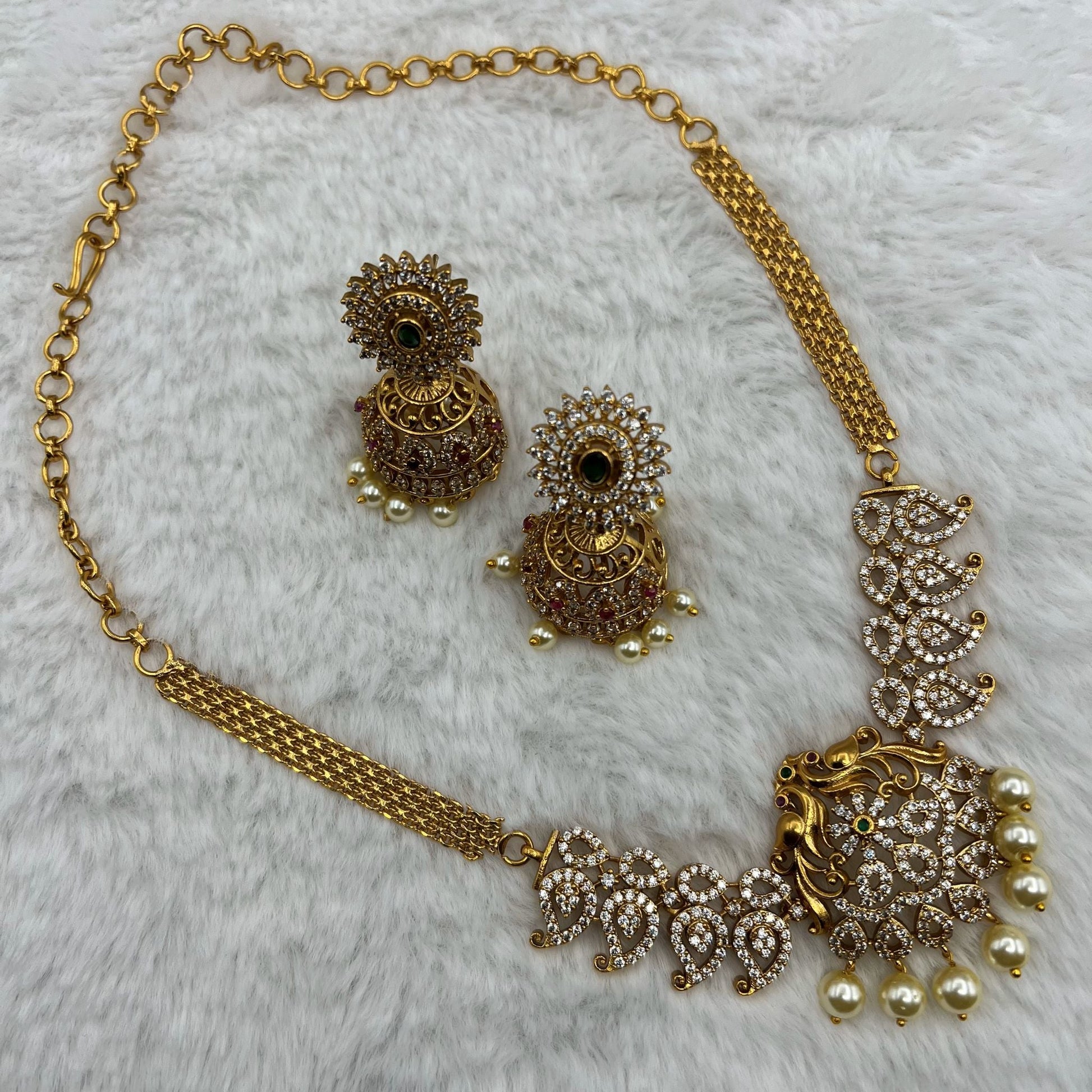 Fashion - Pretty Looking Classic Style White Color Antique Traditional, AD/CZ Necklace Set With Gold Tone Plating