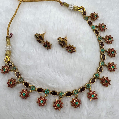 Fashion - Dainty Style Ruby Pink, Green Color Antique Traditional Necklace Set With Gold Tone Plating