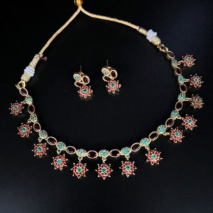 Fashion - Elegant Floral Motifs Design Ruby Pink & Green Antique Traditional Necklace Set