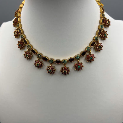 Fashion - Elegant Floral Motifs Design Ruby Pink & Green Antique Traditional Necklace Set