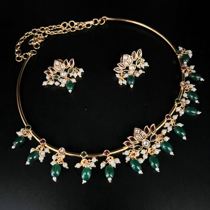 Fashion - Delicate Cuff/Hasli Ruby Pink & Green Antique Traditional Necklace Set