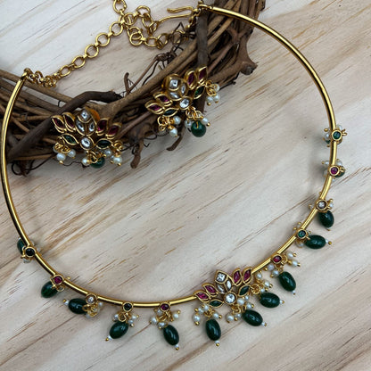 Fashion - Delicate Cuff/Hasli Ruby Pink & Green Antique Traditional Necklace Set