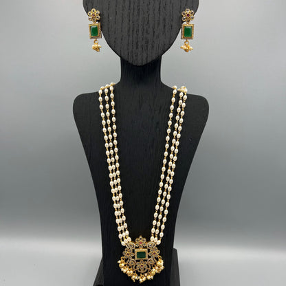 Fashion - Traditional Design Pearl, Green & White Antique Traditional, Bead Mix Long Necklace Set