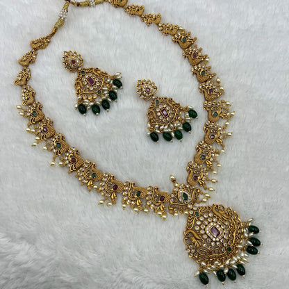 Fashion - Peacock Design Festive Style Ruby Pink, Green Color Antique Traditional Necklace Set With Gold Tone Plating