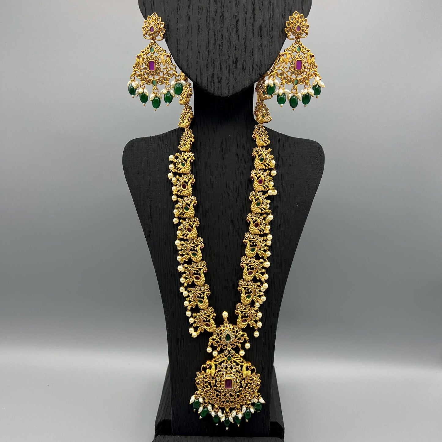 Fashion - Exclusive Peacock Design Festive Ruby Pink & Green Antique Traditional Necklace Set