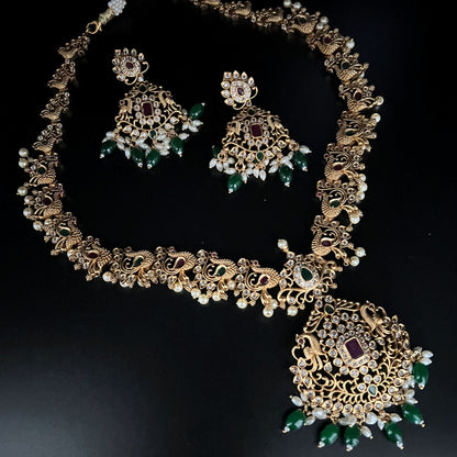 Fashion - Exclusive Peacock Design Festive Ruby Pink & Green Antique Traditional Necklace Set