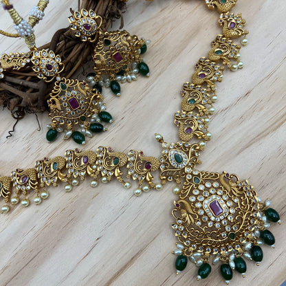 Fashion - Exclusive Peacock Design Festive Ruby Pink & Green Antique Traditional Necklace Set