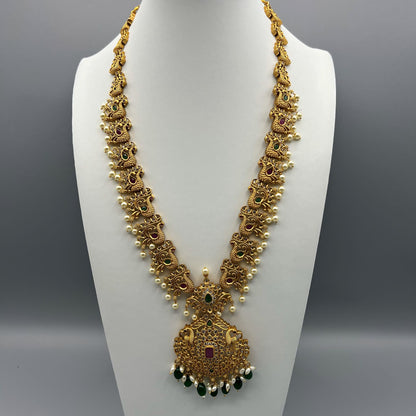 Fashion - Exclusive Peacock Design Festive Ruby Pink & Green Antique Traditional Necklace Set