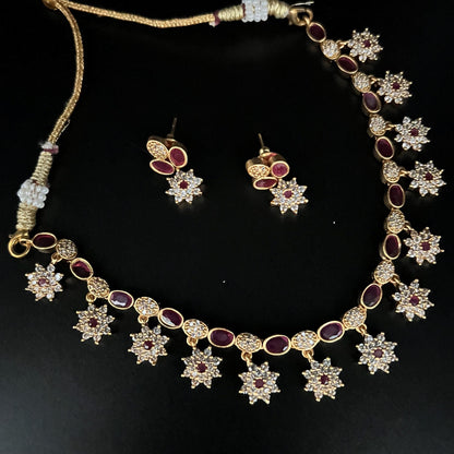 Fashion - Classy Floral Motifs, Ruby Pink & White Antique Traditional Necklace Set