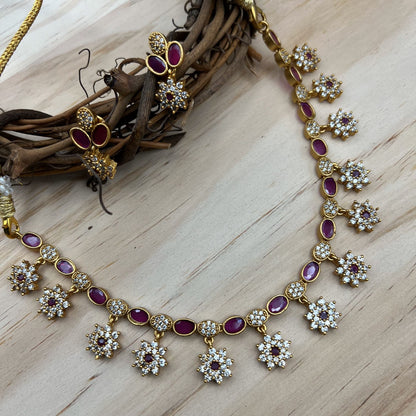 Fashion - Classy Floral Motifs, Ruby Pink & White Antique Traditional Necklace Set